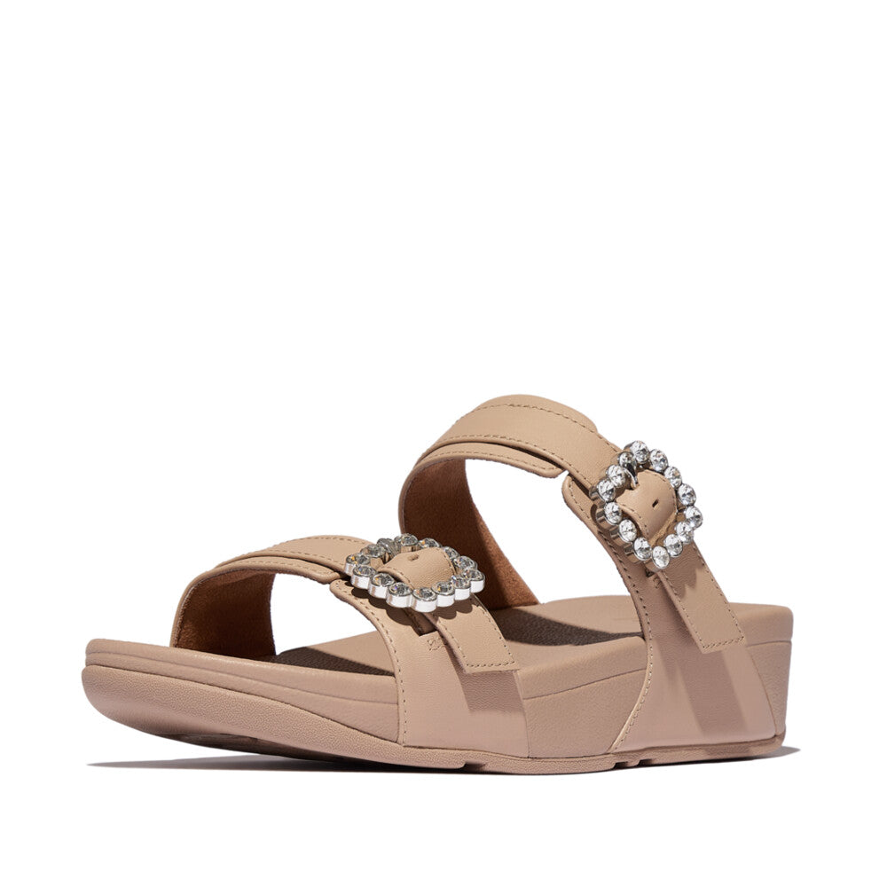 LULU CRYSTAL-BUCKLE LEATHER SLIDES- CLASSIC BEIGE