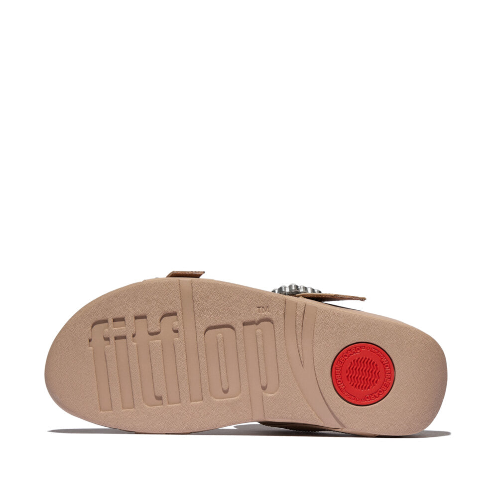 LULU CRYSTAL-BUCKLE LEATHER SLIDES- CLASSIC BEIGE