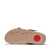 LULU CRYSTAL-BUCKLE LEATHER SLIDES- CLASSIC BEIGE