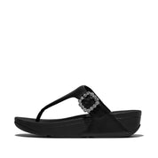 LULU CRYSTAL-BUCKLE LEATHER TOE-POST SANDALS - ALL BLACK