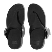 LULU CRYSTAL-BUCKLE LEATHER TOE-POST SANDALS - ALL BLACK