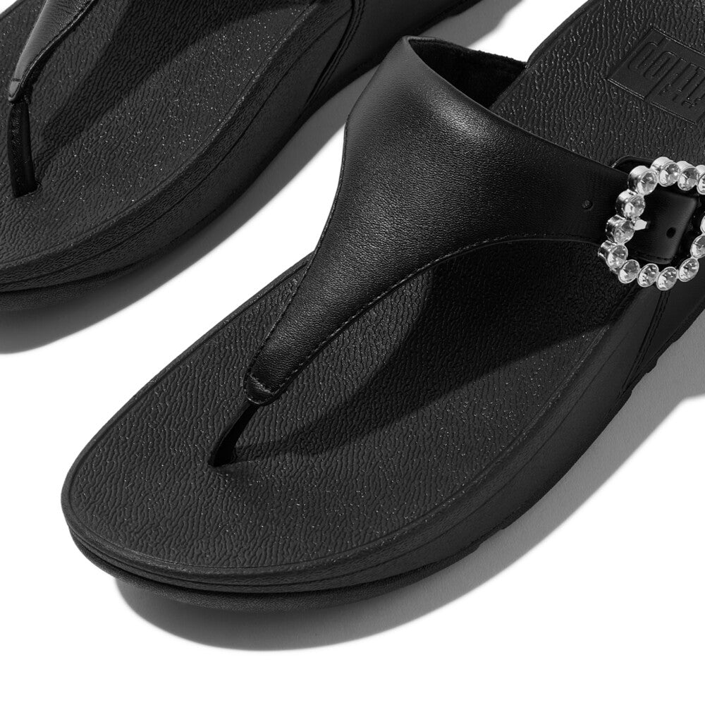 LULU CRYSTAL-BUCKLE LEATHER TOE-POST SANDALS - ALL BLACK