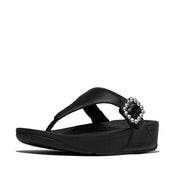 LULU CRYSTAL-BUCKLE LEATHER TOE-POST SANDALS - ALL BLACK