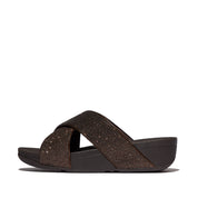 LULU GLITTERDUST CROSS SLIDES - METALLIC CHOCOLATE BROWN
