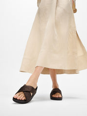 LULU GLITTERDUST CROSS SLIDES - METALLIC CHOCOLATE BROWN