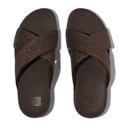 LULU GLITTERDUST CROSS SLIDES - METALLIC CHOCOLATE BROWN