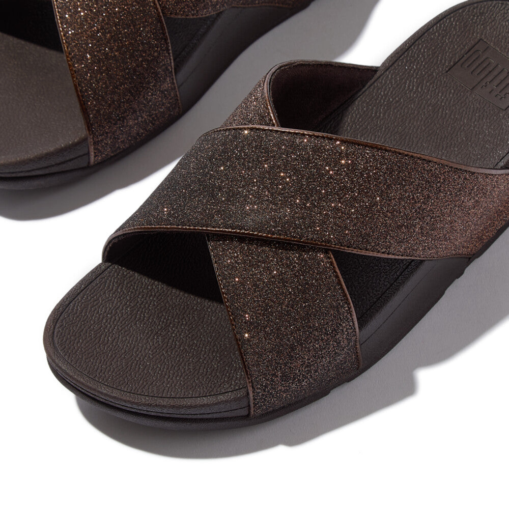 LULU GLITTERDUST CROSS SLIDES - METALLIC CHOCOLATE BROWN