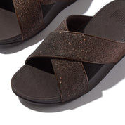 LULU GLITTERDUST CROSS SLIDES - METALLIC CHOCOLATE BROWN
