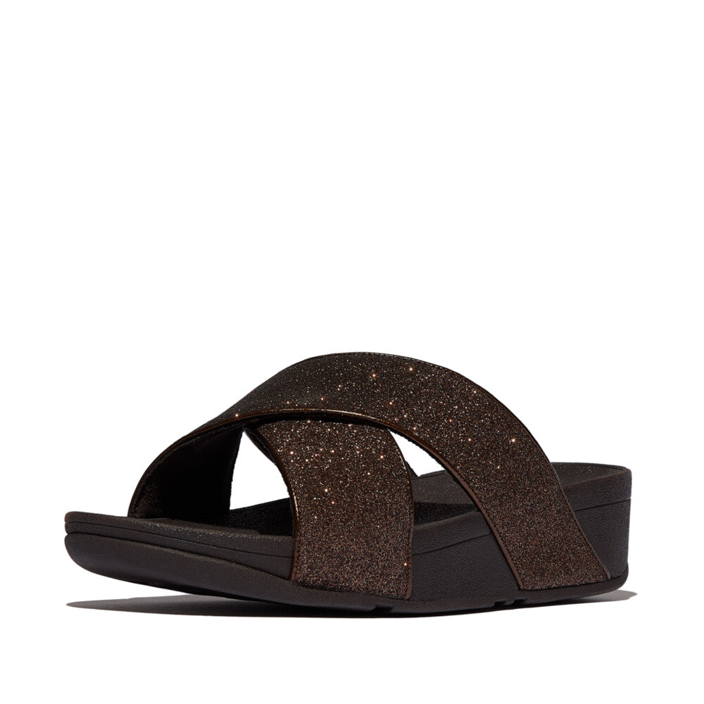 LULU GLITTERDUST CROSS SLIDES - METALLIC CHOCOLATE BROWN