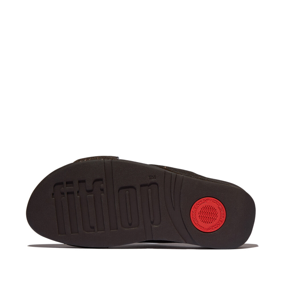 LULU GLITTERDUST CROSS SLIDES - METALLIC CHOCOLATE BROWN