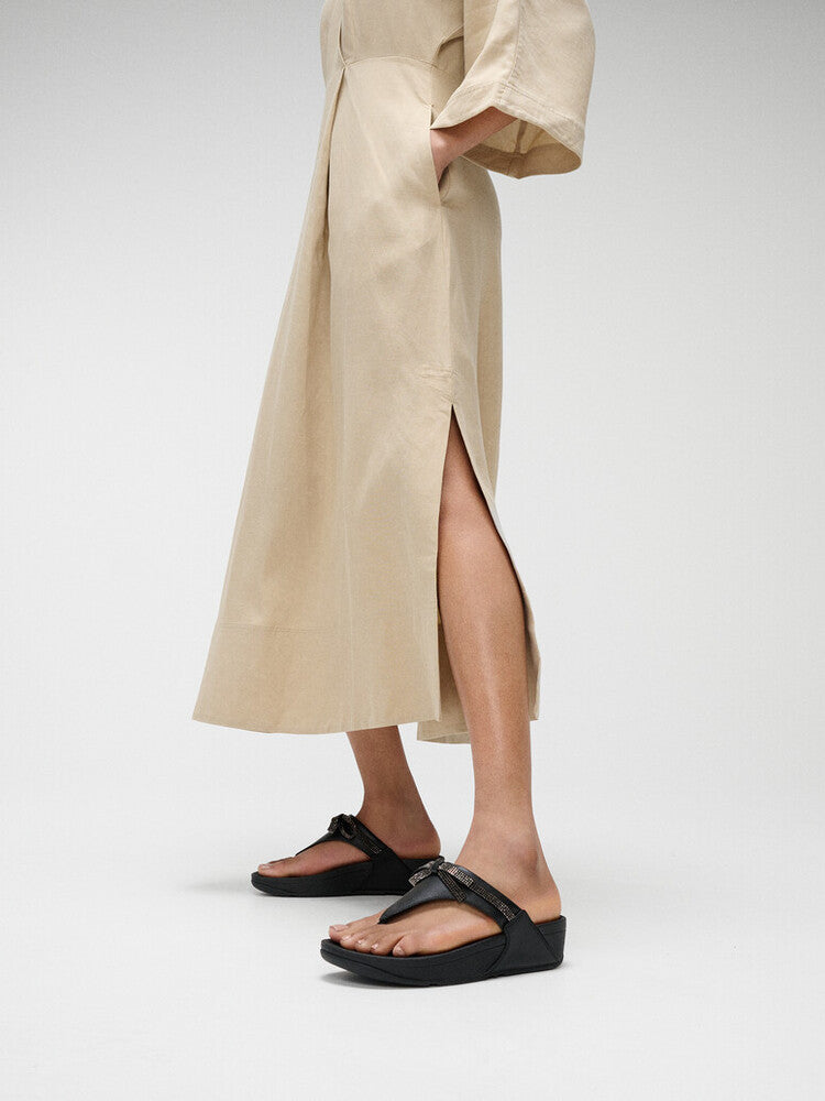 LULU GLITZ-BOW LEATHER TOE-POST SANDALS - ALL BLACK (E1G-090)