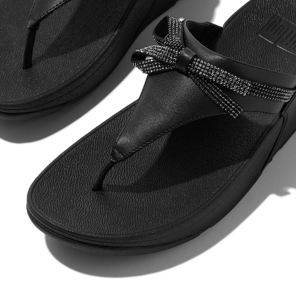 LULU GLITZ-BOW LEATHER TOE-POST SANDALS - ALL BLACK (E1G-090)
