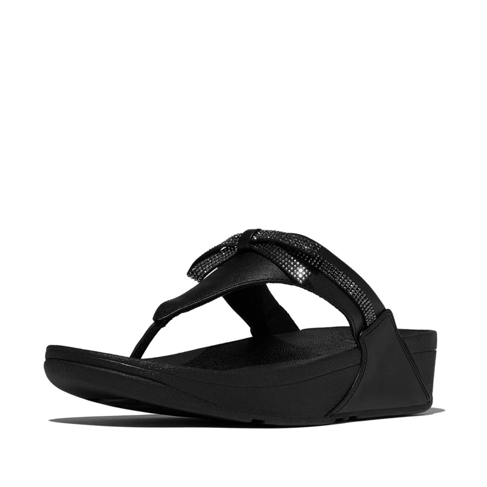 LULU GLITZ-BOW LEATHER TOE-POST SANDALS - ALL BLACK (E1G-090)