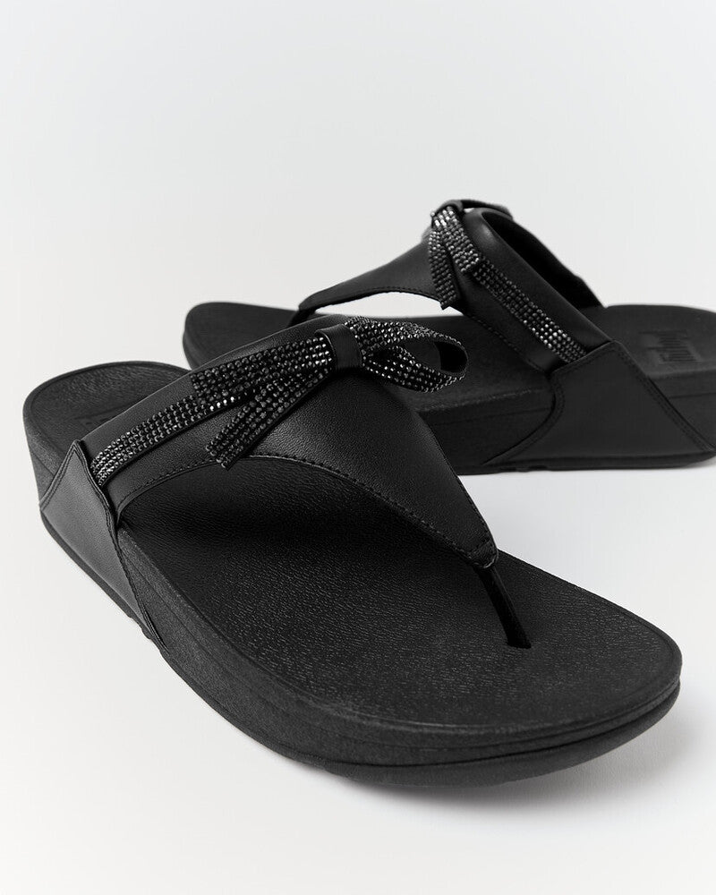 LULU GLITZ-BOW LEATHER TOE-POST SANDALS - ALL BLACK (E1G-090)