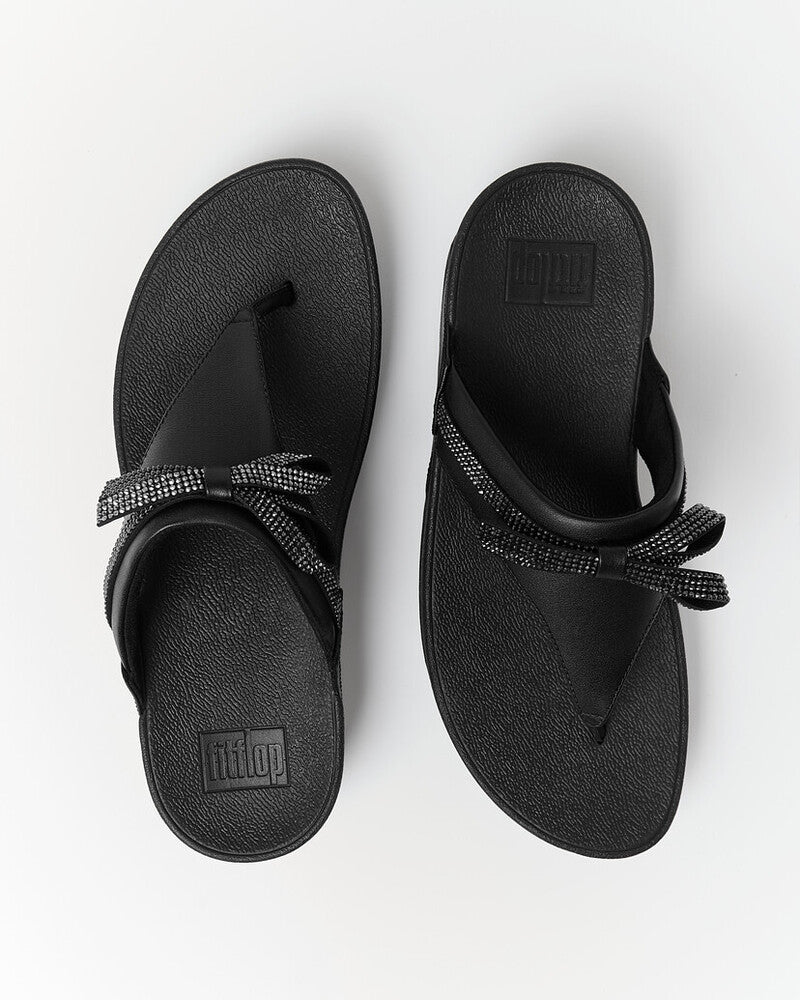LULU GLITZ-BOW LEATHER TOE-POST SANDALS - ALL BLACK (E1G-090)