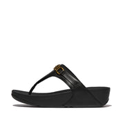 LULU SQUARE-CHAIN LEATHER TOE-POST SANDALS - BLACK (E1I-001)