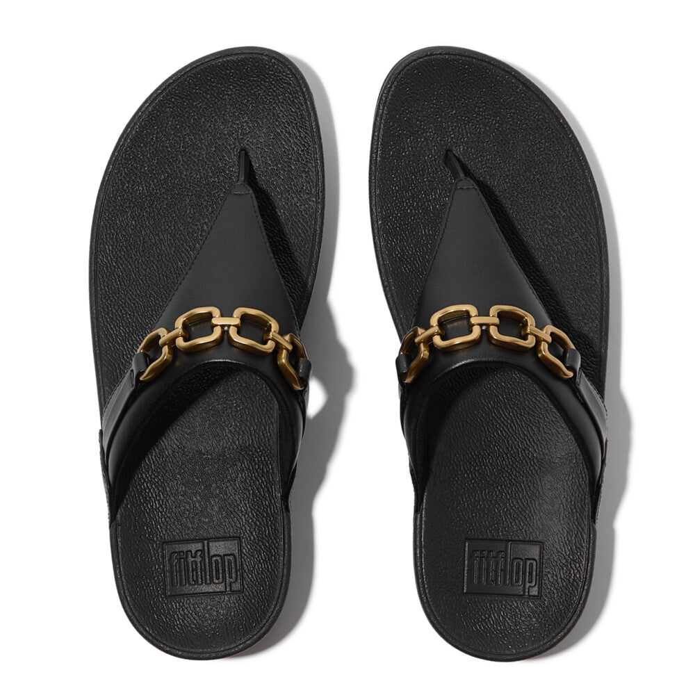 LULU SQUARE-CHAIN LEATHER TOE-POST SANDALS - BLACK (E1I-001)