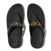 LULU SQUARE-CHAIN LEATHER TOE-POST SANDALS - BLACK (E1I-001)