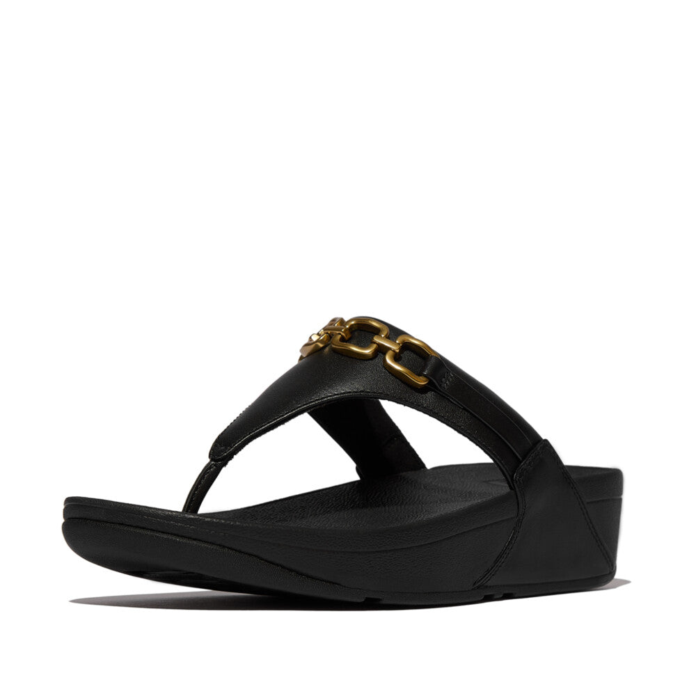 LULU SQUARE-CHAIN LEATHER TOE-POST SANDALS - BLACK (E1I-001)