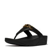 LULU SQUARE-CHAIN LEATHER TOE-POST SANDALS - BLACK (E1I-001)