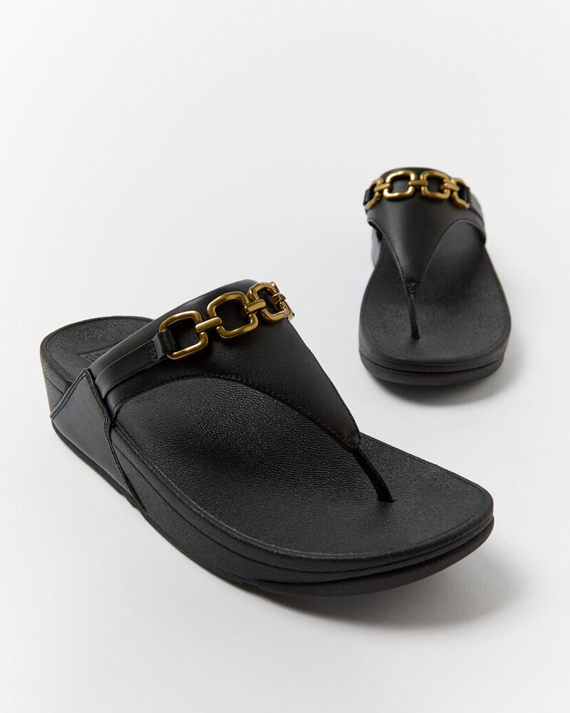 LULU SQUARE-CHAIN LEATHER TOE-POST SANDALS - BLACK (E1I-001)