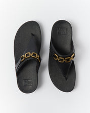 LULU SQUARE-CHAIN LEATHER TOE-POST SANDALS - BLACK (E1I-001)
