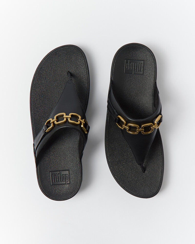 LULU SQUARE-CHAIN LEATHER TOE-POST SANDALS - BLACK (E1I-001)
