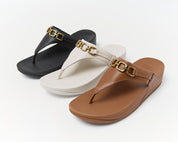 LULU SQUARE-CHAIN LEATHER TOE-POST SANDALS - BLACK (E1I-001)