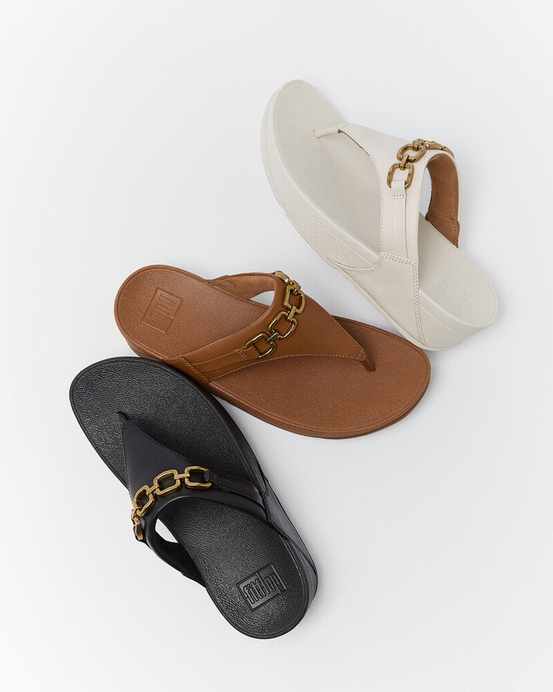LULU SQUARE-CHAIN LEATHER TOE-POST SANDALS - BLACK (E1I-001)