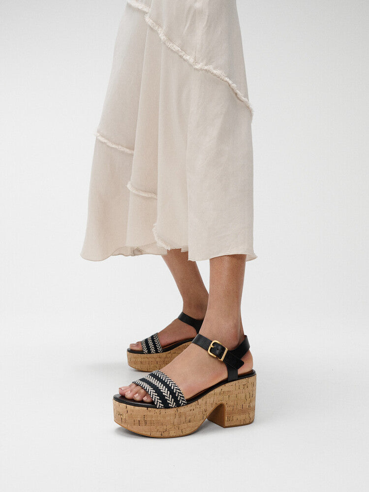 PLATFFORMS V-WEAVE/CORK HEELED ANKLE-STRAP SANDALS - BLACK (E3Z-001)