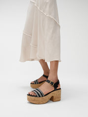 PLATFFORMS V-WEAVE/CORK HEELED ANKLE-STRAP SANDALS - BLACK (E3Z-001)