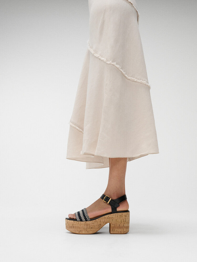PLATFFORMS V-WEAVE/CORK HEELED ANKLE-STRAP SANDALS - BLACK (E3Z-001)