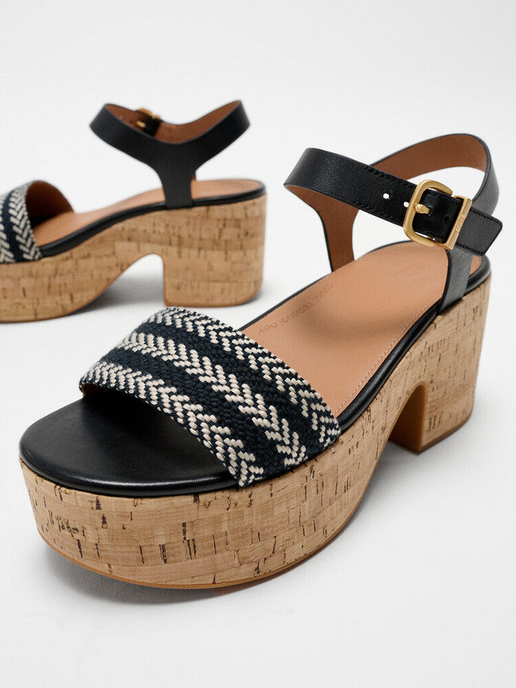 PLATFFORMS V-WEAVE/CORK HEELED ANKLE-STRAP SANDALS - BLACK (E3Z-001)