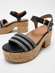 PLATFFORMS V-WEAVE/CORK HEELED ANKLE-STRAP SANDALS - BLACK (E3Z-001)