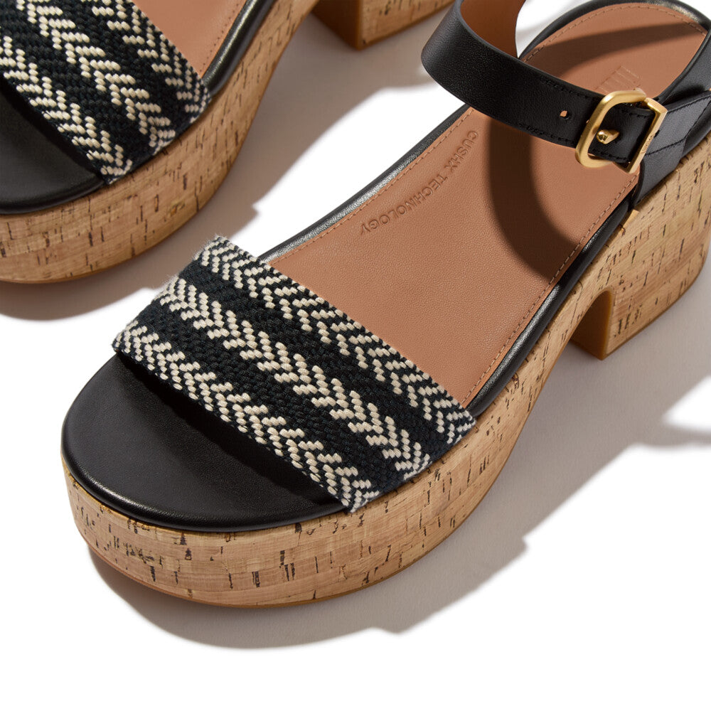 PLATFFORMS V-WEAVE/CORK HEELED ANKLE-STRAP SANDALS - BLACK (E3Z-001)
