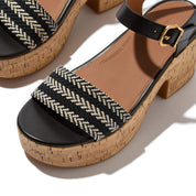 PLATFFORMS V-WEAVE/CORK HEELED ANKLE-STRAP SANDALS - BLACK (E3Z-001)