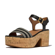 PLATFFORMS V-WEAVE/CORK HEELED ANKLE-STRAP SANDALS - BLACK (E3Z-001)