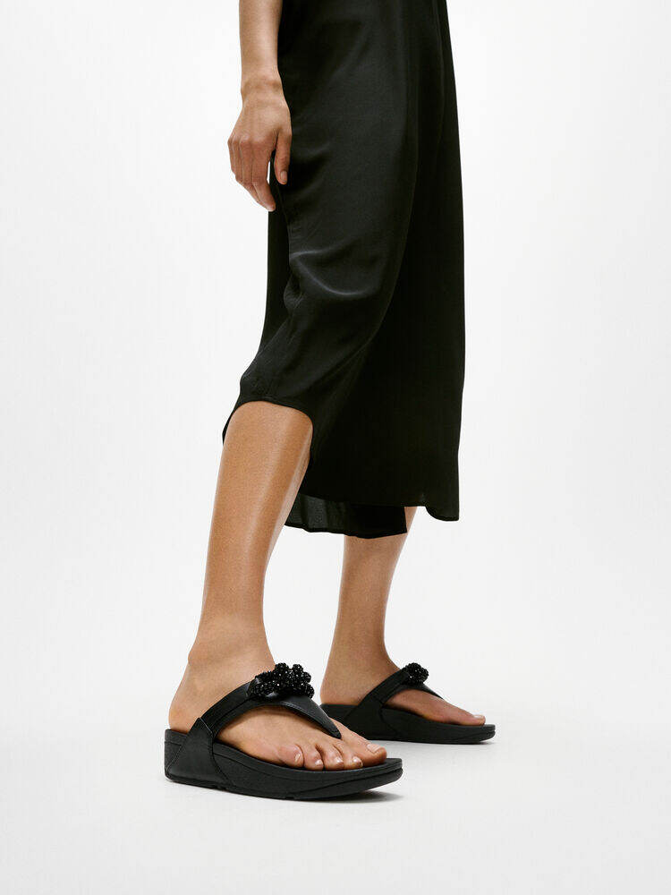 LULU BEADED-CHAIN LEATHER TOE-POST SANDALS
