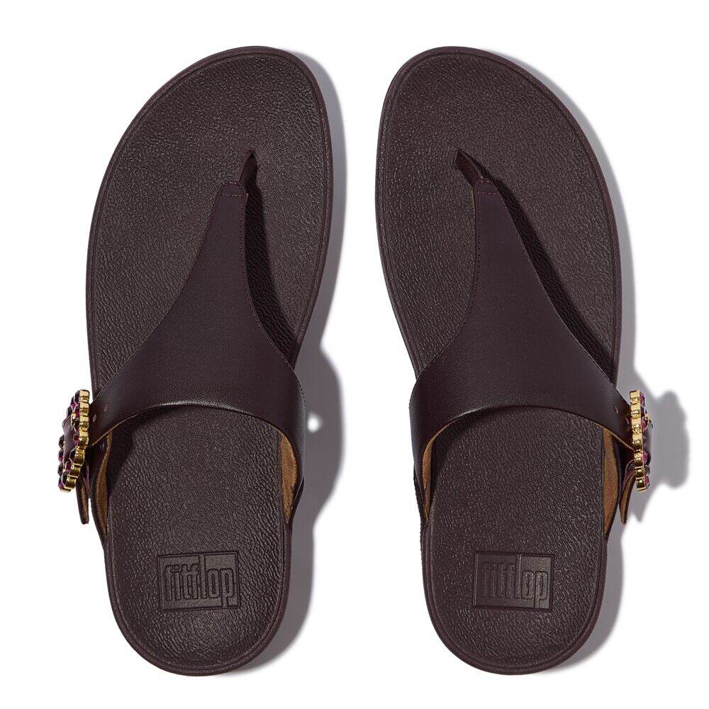 LULU CRYSTAL-BUCKLE LEATHER TOE-POST SANDALS