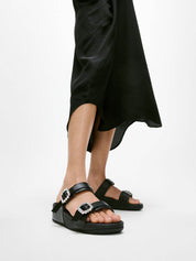 LULU CRYSTAL-BUCKLE LEATHER SLIDES