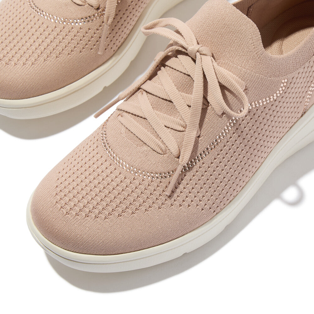 SUPER-Q CRYSTAL-TRIM KNIT SLIP-ON LACED TRAINERS - BEIGE BUFF
