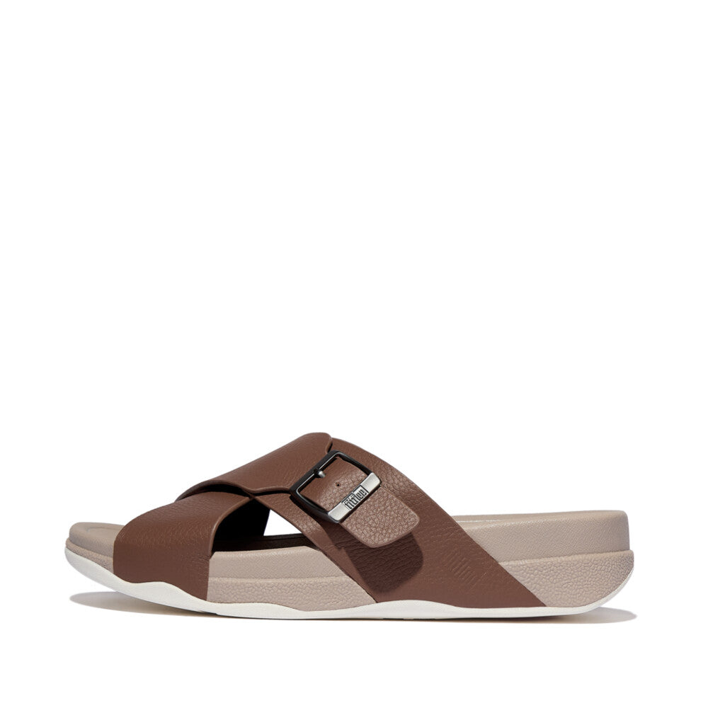 SURFER MENS BUCKLE TUMBLED-LEATHER CROSS SLIDES