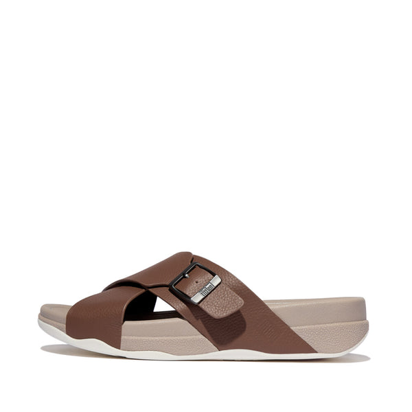 SURFER MENS BUCKLE TUMBLED-LEATHER CROSS SLIDES
