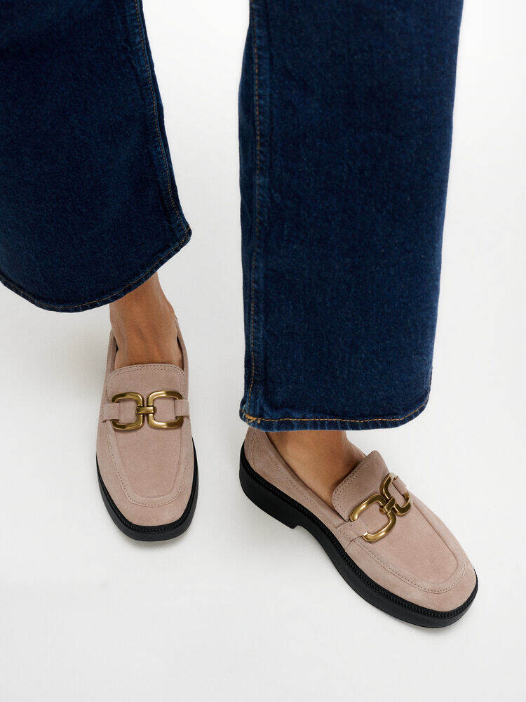 F-LUMA SQUARE-CHAIN SUEDE DEMI-WEDGE LOAFERS