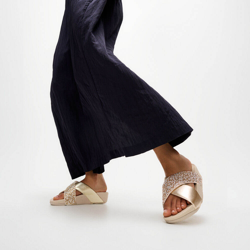 LULU CRYSTAL-MIX METALLIC CROSS SLIDES