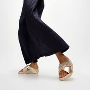 LULU CRYSTAL-MIX METALLIC CROSS SLIDES