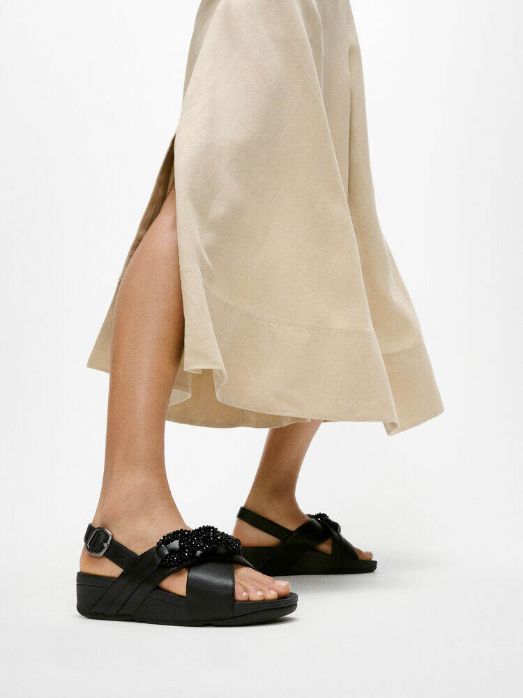 LULU BEADED-CHAIN LEATHER BACK-STRAP SANDALS